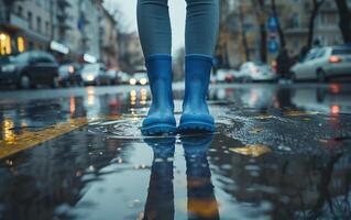 Person's feet are wearing blue boots. There are large puddles on the city roads after heavy rain. Front photo of legs