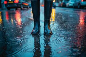 Person's feet are wearing black boots. There are large puddles on the city roads after heavy rain. Front photo of legs