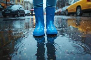 Person's feet are wearing blue boots. There are large puddles on the city roads after heavy rain. Front photo of legs