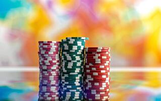 A large number of multi-colored poker chips. Big wins and excitement of the game photo