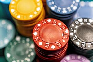 A large number of multi-colored poker chips. Big wins and excitement of the game photo