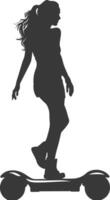 Silhouette woman riding hoverboard full body black color only vector