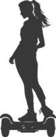 Silhouette woman riding hoverboard full body black color only vector