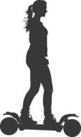 Silhouette woman riding hoverboard full body black color only vector