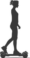 Silhouette woman riding hoverboard full body black color only vector