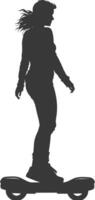 Silhouette woman riding hoverboard full body black color only vector