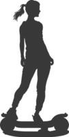 Silhouette woman riding hoverboard full body black color only vector