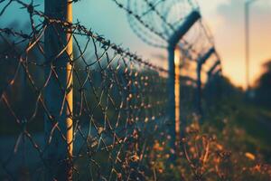 Fence with metal mesh and barbed wire to ensure security on territory. Photo from the side