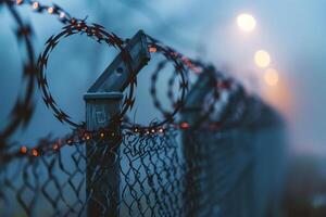 Fence with metal mesh and barbed wire to ensure security on territory. Photo from the side