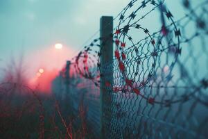 Fence with metal mesh and barbed wire to ensure security on territory. Photo from the side