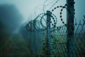 Fence with metal mesh and barbed wire to ensure security on territory. Photo from the side