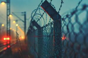 Fence with metal mesh and barbed wire to ensure security on territory. Photo from the side