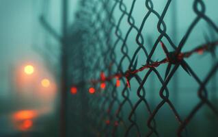 Fence with metal mesh and barbed wire to ensure security on territory. Photo from the side