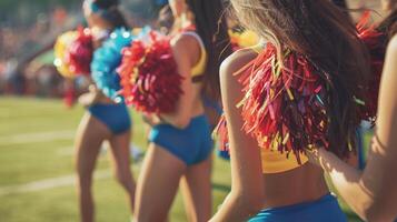 Photo of beautiful and young girls cheerleaders with colored pompoms in their hands for active support of sports team