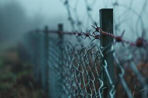 Fence with metal mesh and barbed wire to ensure security on territory. Photo from the side