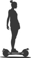 Silhouette woman riding hoverboard full body black color only vector