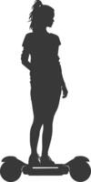 Silhouette woman riding hoverboard full body black color only vector