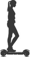 Silhouette woman riding hoverboard full body black color only vector