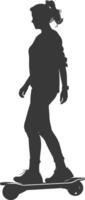 Silhouette woman riding hoverboard full body black color only vector