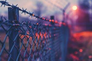 Fence with metal mesh and barbed wire to ensure security on territory. Photo from the side