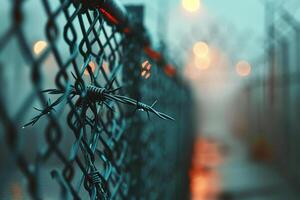 Fence with metal mesh and barbed wire to ensure security on territory. Photo from the side