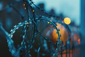 Fence with metal mesh and barbed wire to ensure security on territory. Photo from the side