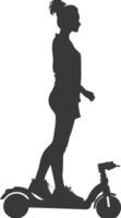 Silhouette woman riding hoverboard full body black color only vector