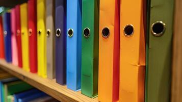 A large number of colored binders for documents standing in row on shelf photo