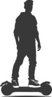 silhouette man riding hoverboard full body black color only vector