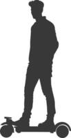 silhouette man riding hoverboard full body black color only vector