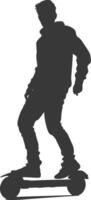 silhouette man riding hoverboard full body black color only vector