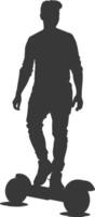 silhouette man riding hoverboard full body black color only vector