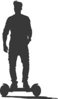 silhouette man riding hoverboard full body black color only vector