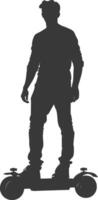 silhouette man riding hoverboard full body black color only vector