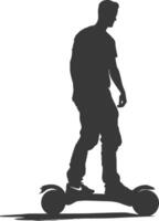 silhouette man riding hoverboard full body black color only vector