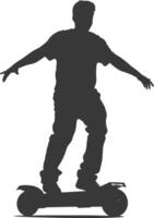 silhouette man riding hoverboard full body black color only vector