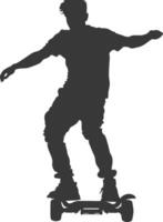 silhouette man riding hoverboard full body black color only vector