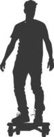 silhouette man riding hoverboard full body black color only vector