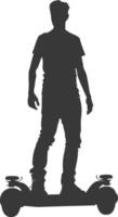 silhouette man riding hoverboard full body black color only vector