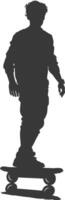 silhouette man riding hoverboard full body black color only vector