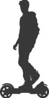 silhouette man riding hoverboard full body black color only vector