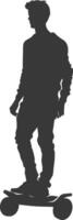 silhouette man riding hoverboard full body black color only vector