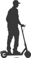 silhouette man riding electric scooter full body black color only vector