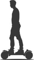 silhouette man riding hoverboard full body black color only vector