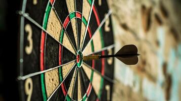 Right on target. The concept of successfully achieving goals or making the right choice. Photo of dartboard with dart in the center.