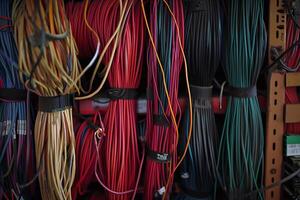 Chaos in cable management. A large number of cables connected to equipment require structuring. photo