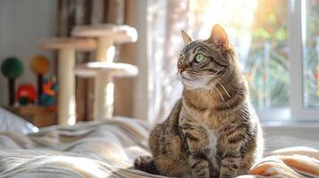 Beautiful cat with green eyes sits on cozy light bed. Cat toys on the background. Close-up photo