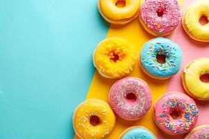 Glazed donuts with sprinkles lie on multi-colored background. With copy space. Photo from above