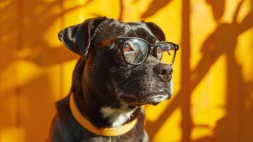 frio negro perro con Gafas de sol en antecedentes de amarillo pared. foto