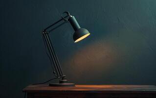 Modern and stylish desk lamp sits on the desk and illuminates minimalist empty workspace photo